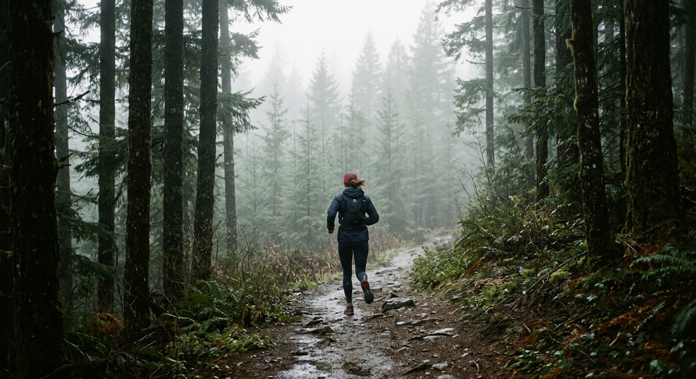 A trail runner moving through a misty pine forest on a mountain trail